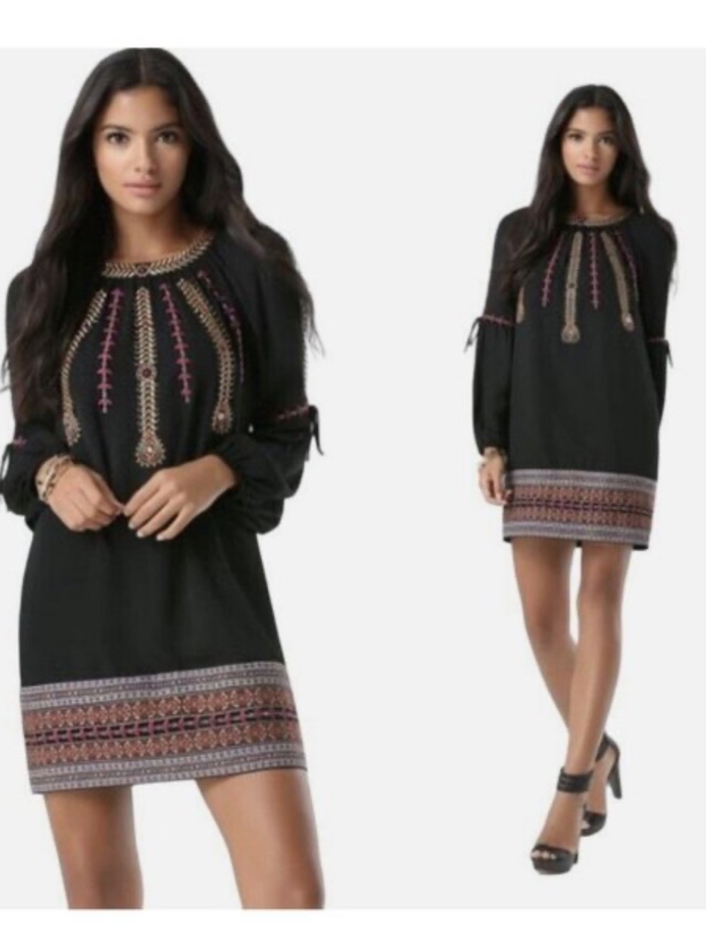 NWT BEBE Boho Embroidered Black mini Dress with Pink & Gold Accents size XS